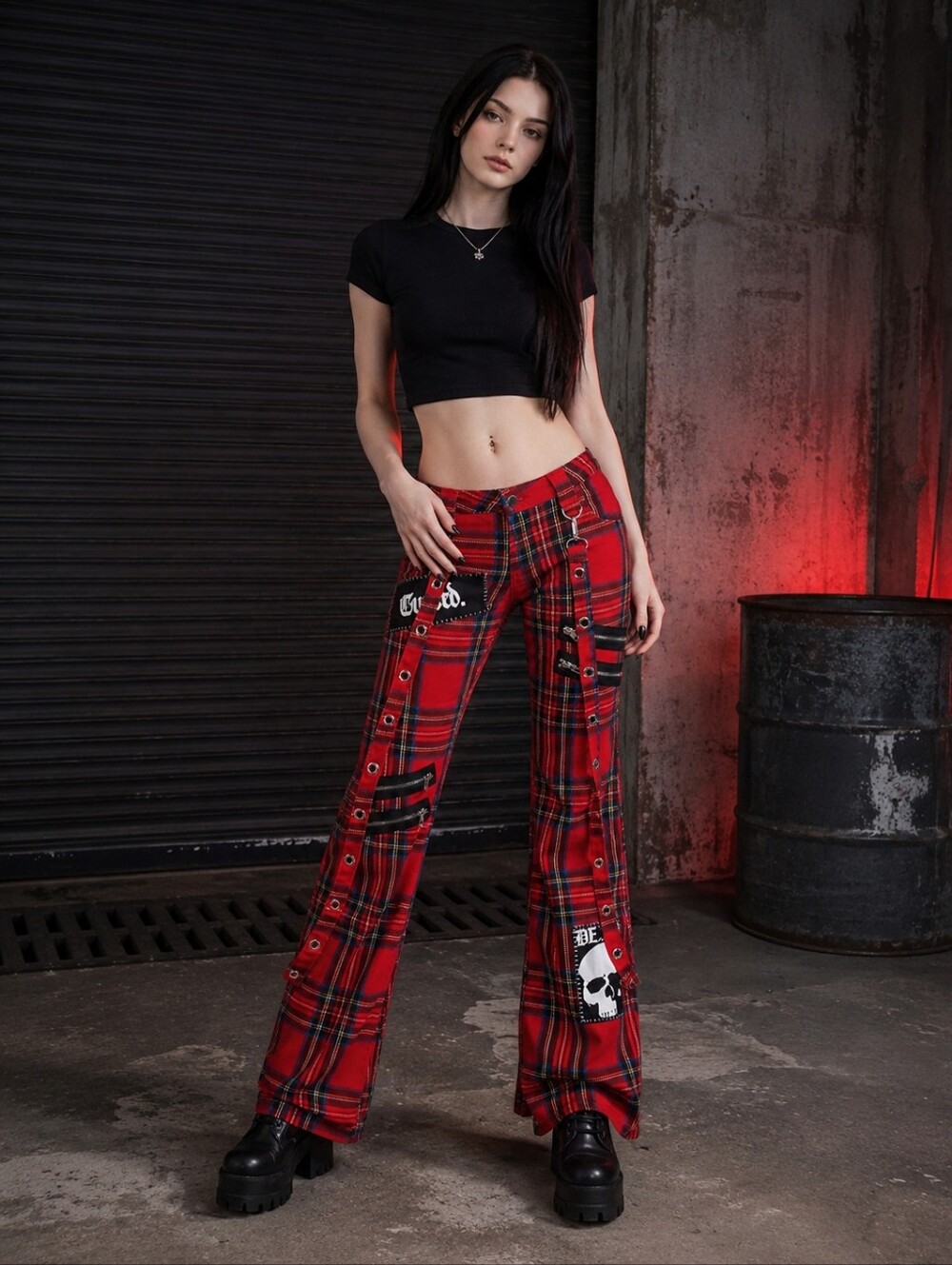 The Grave Girls Aurora Red Plaid Bondage Cargo Flare Pants XS NWT Punk Goth